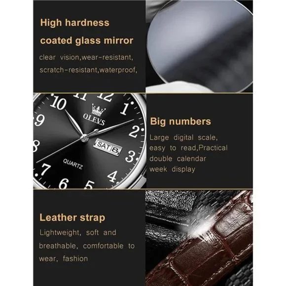 Leather Watches for Men Quartz Number Watch with Date Waterproof Watch